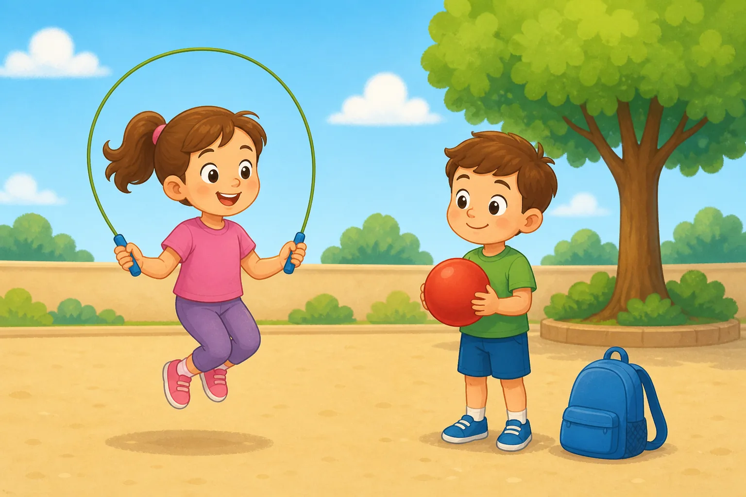 En un recreo, una niña salta a la comba y un niño sostiene una pelota roja; junto a él hay una mochila azul y detrás, un árbol.