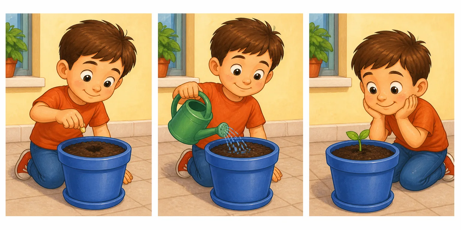 Tres viñetas: un niño planta una semilla en una maceta azul, la riega y observa el brote.