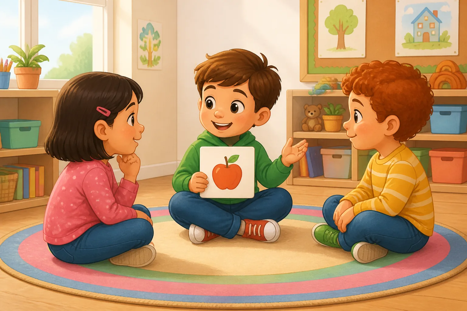 Tres niños sentados en círculo; uno enseña una tarjeta con una manzana mientras los otros dos lo escuchan.