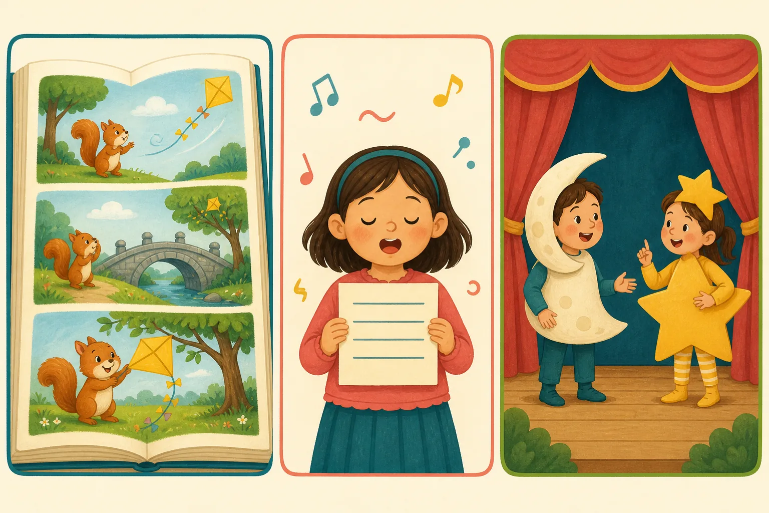 Tres paneles: un libro con la historia de una ardilla y una cometa, una niña recitando una hoja de cuatro versos y dos niños actuando como luna y estrella en un teatro.