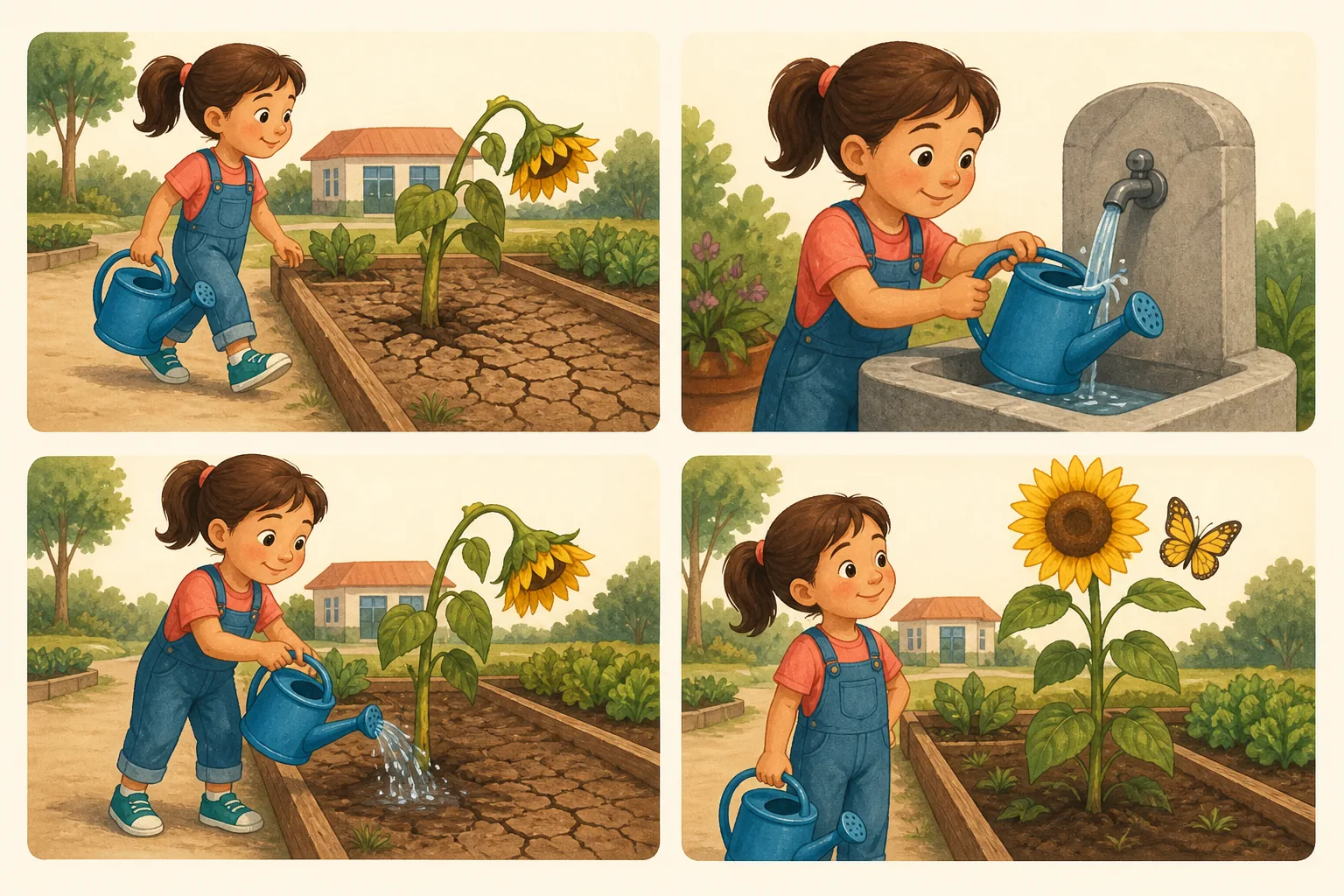 Cuatro viñetas: una niña ve un girasol inclinado en tierra seca, llena una regadera, riega la planta y observa el girasol erguido junto a una mariposa.