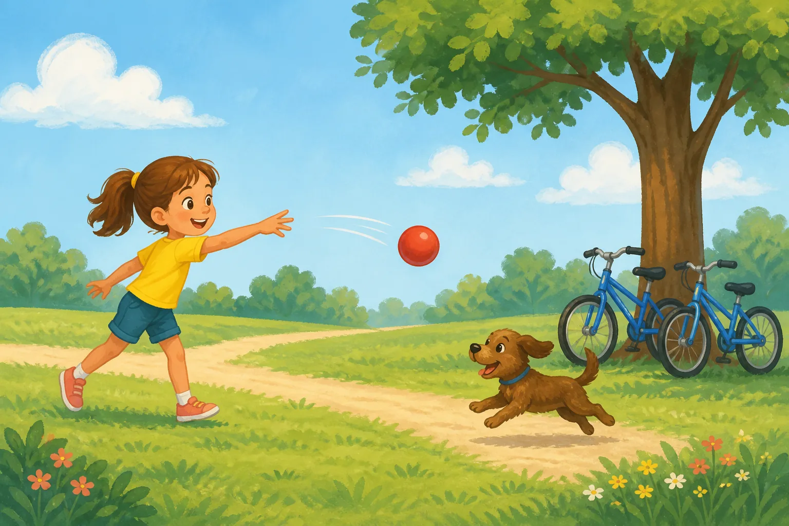Una niña con camiseta amarilla lanza una pelota roja, un perro pequeño y marrón corre y dos bicicletas azules están junto a un árbol alto.