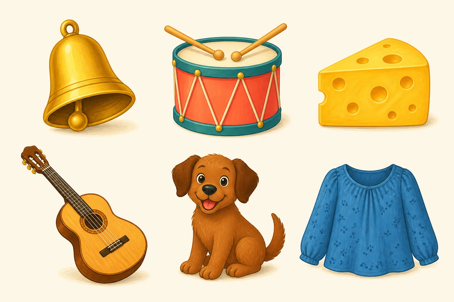 Seis objetos separados: una campana, un tambor, un queso, una guitarra, un perro y una blusa azul.