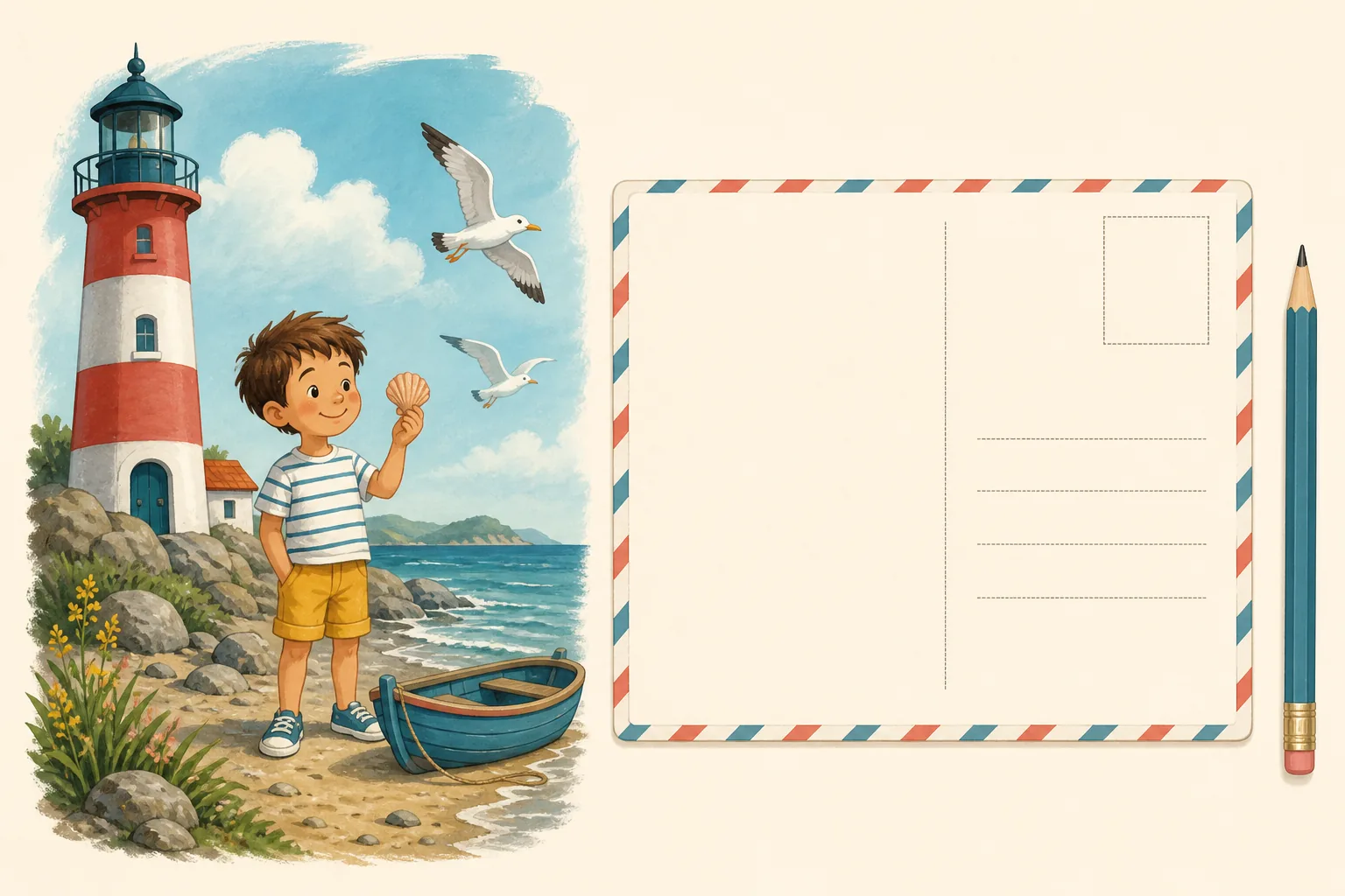 Un niño observa una concha junto a un faro, dos gaviotas y una barca; al lado aparece el reverso vacío de una postal con zona de mensaje, dirección y sello.