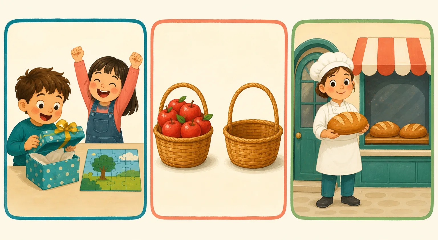 Tres paneles: dos niños alegres, una cesta llena de manzanas junto a otra vacía y una panadera con panes delante de una panadería.