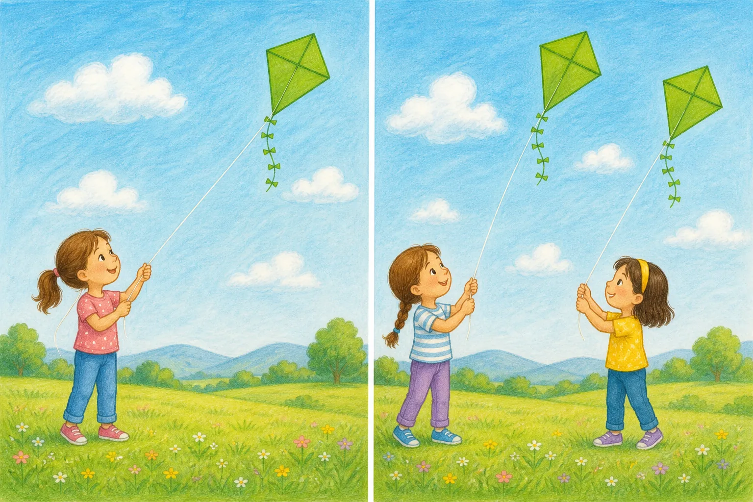 Dos paneles: en el izquierdo una niña vuela una cometa verde; en el derecho dos niñas vuelan dos cometas verdes iguales.