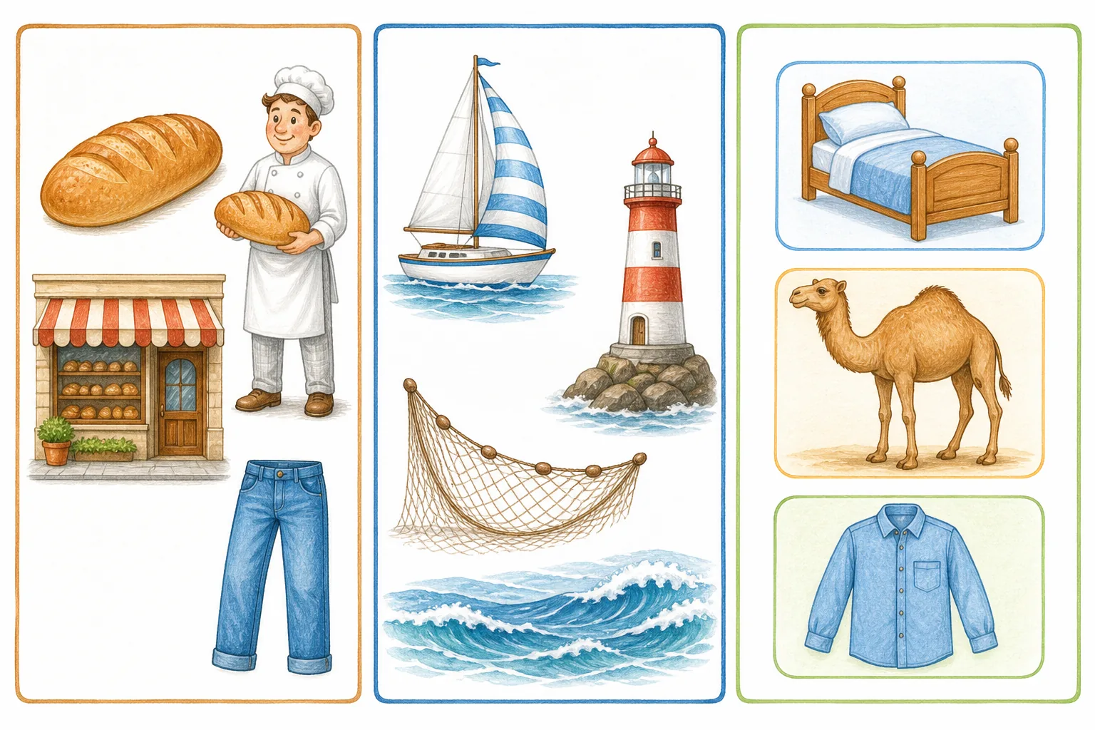 Tres paneles: pan, panadero, panadería y un pantalón; velero, faro, red y olas; y tres tarjetas con una cama, un camello y una camisa.