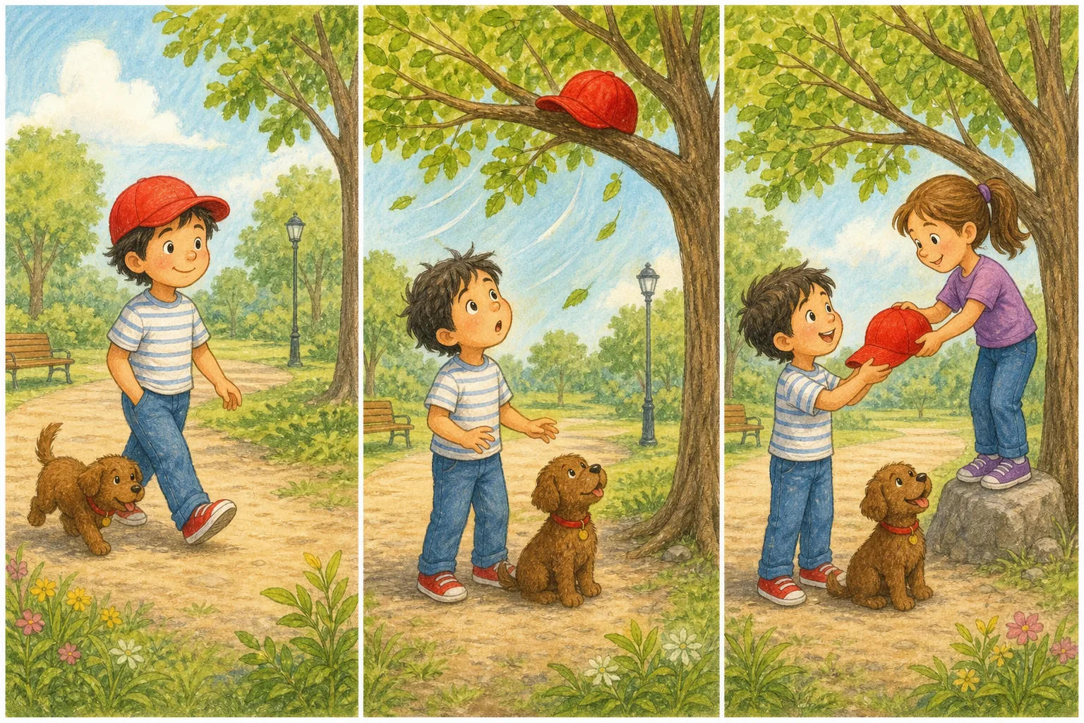 Tres viñetas: un niño con gorra roja pasea con un perro marrón; el viento lleva la gorra a una rama; una niña recupera la gorra y se la entrega.