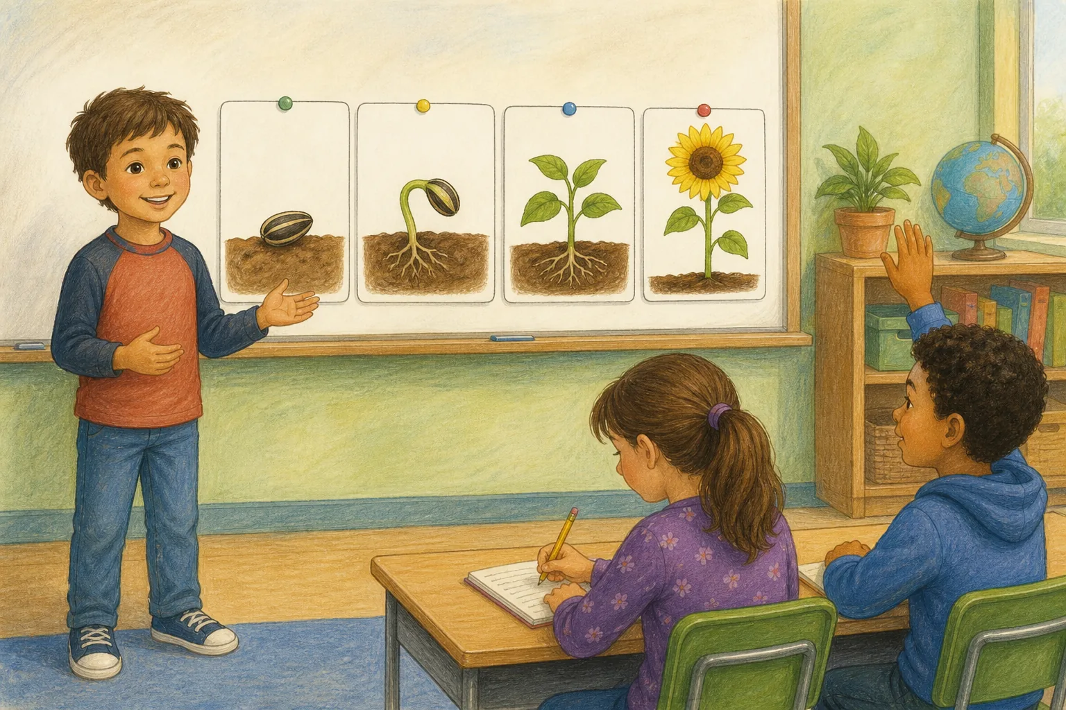 Un niño expone ante dos compañeros con cuatro tarjetas ordenadas que muestran una semilla, un brote, una planta y un girasol; una compañera toma notas y otro espera con la mano levantada.