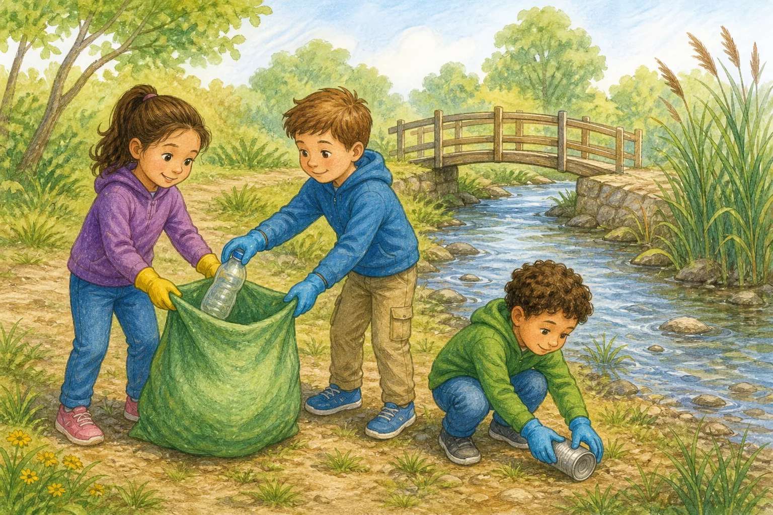 Tres niños limpian la orilla de un arroyo: una niña sostiene un saco, un niño introduce una botella y otro recoge una lata con guantes; al fondo hay un puente de madera.