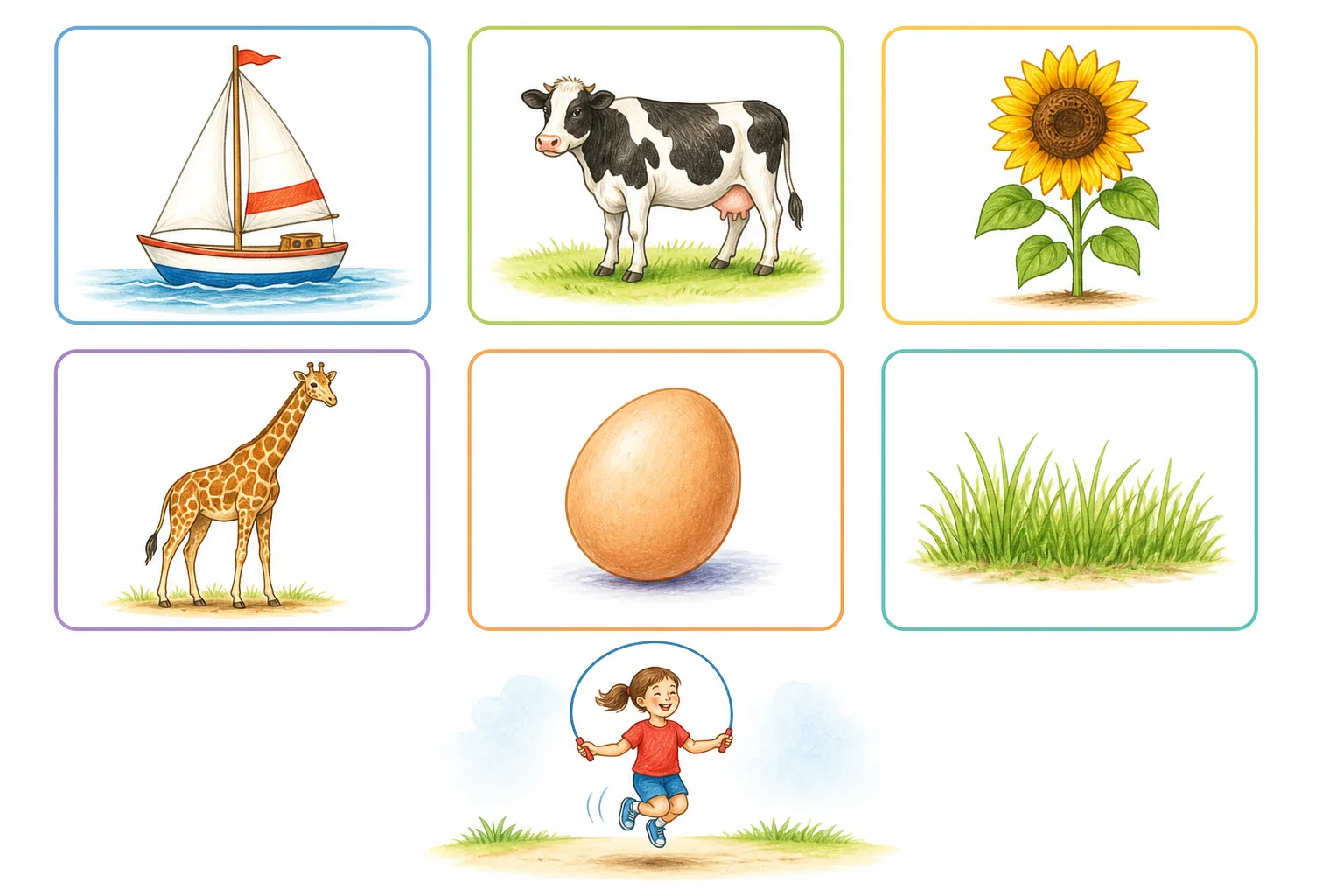 Seis tarjetas muestran un barco, una vaca, un girasol, una jirafa, un huevo y hierba; debajo, una niña salta a la comba.
