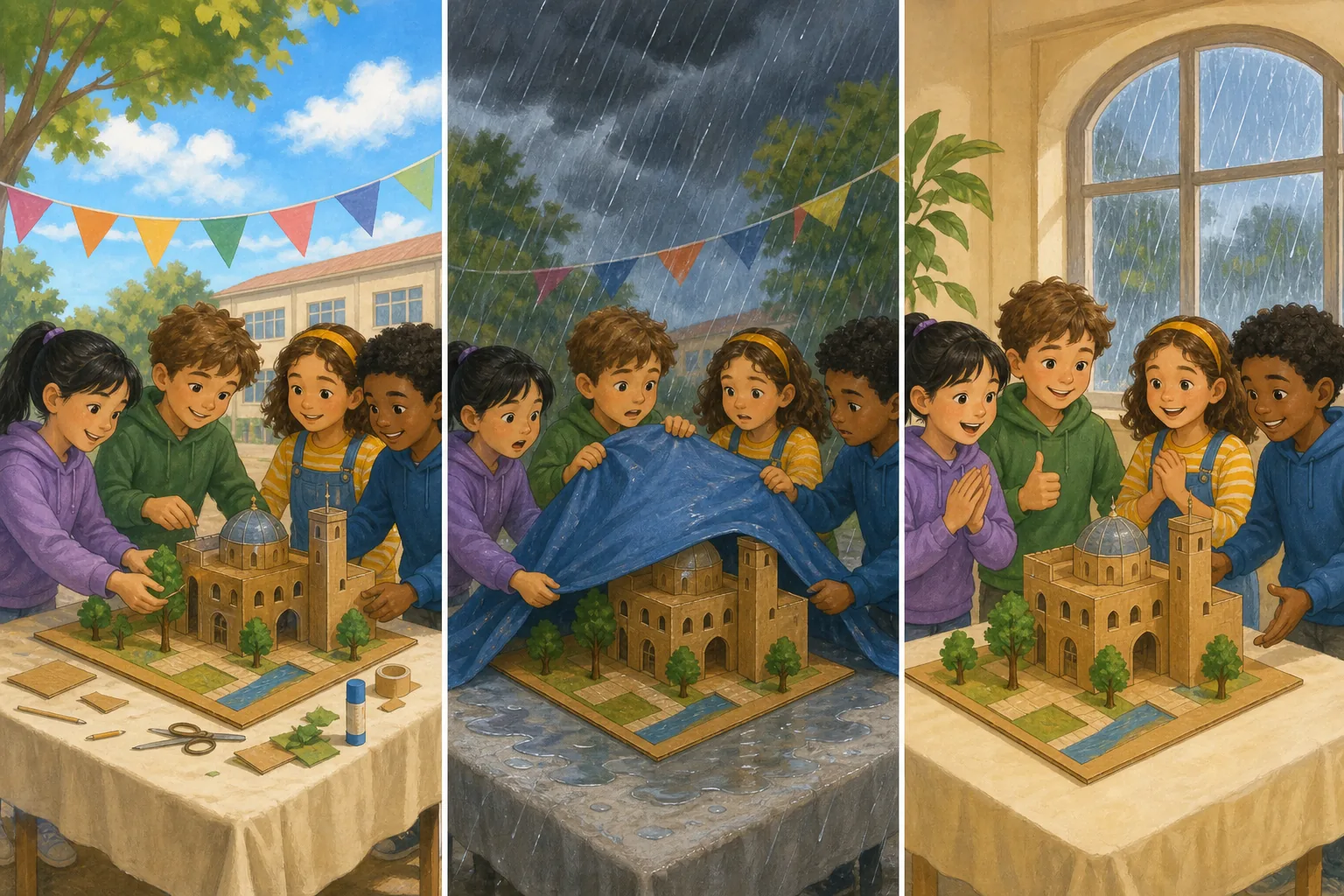 Tres viñetas con los mismos cuatro niños y la misma maqueta: preparan una exposición al aire libre, la protegen de una lluvia repentina y continúan la exposición dentro del edificio.