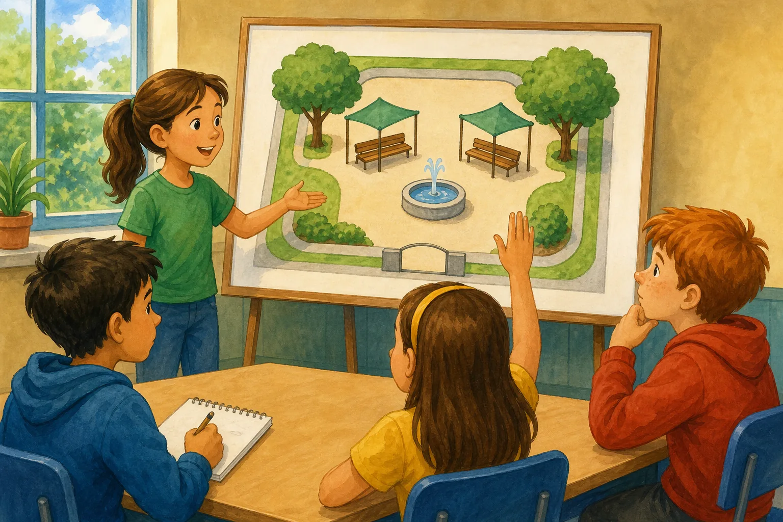 Una alumna presenta un plano visual de un patio con dos árboles, dos bancos cubiertos y una fuente; tres compañeros escuchan, uno toma notas y otra espera con la mano levantada.