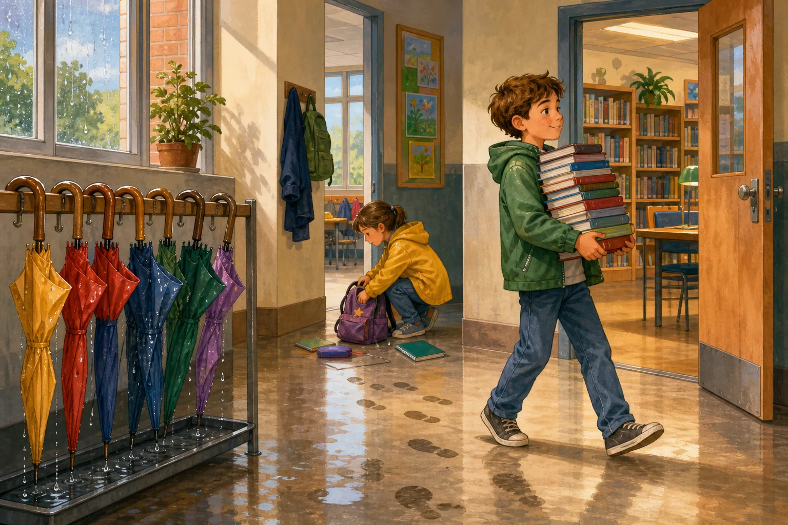Pasillo escolar con paraguas mojados, huellas húmedas, una biblioteca abierta, un niño que lleva una pila de libros y una alumna que busca en su mochila.
