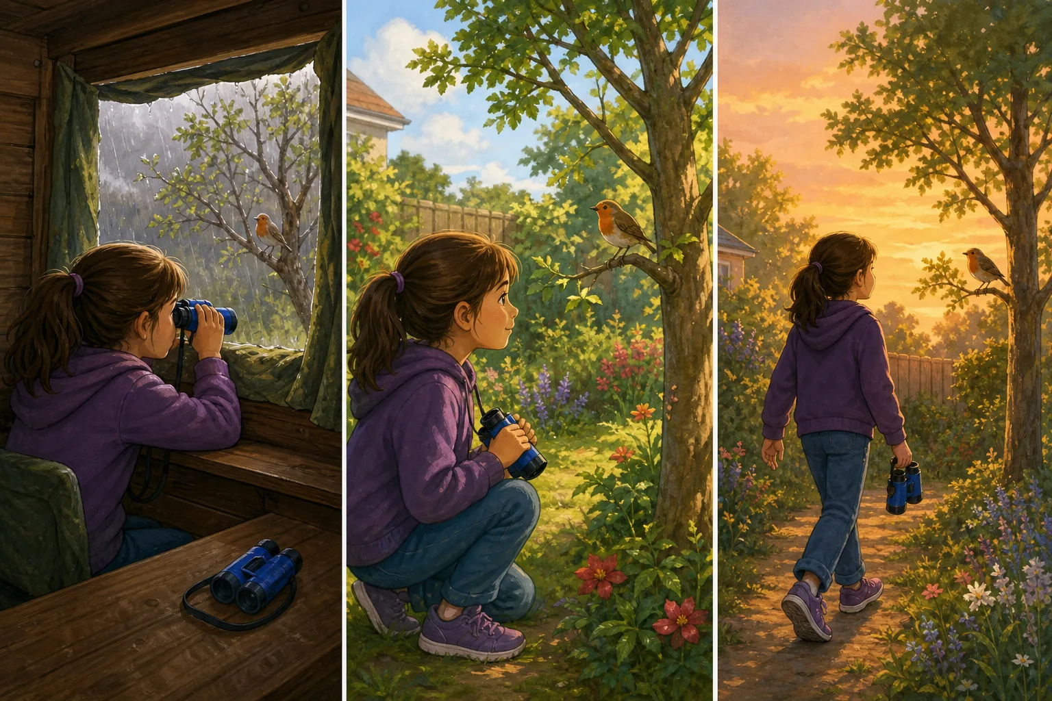 Tres viñetas muestran a la misma niña y el mismo petirrojo: observación desde un refugio, encuentro actual en el jardín y regreso al árbol al atardecer.
