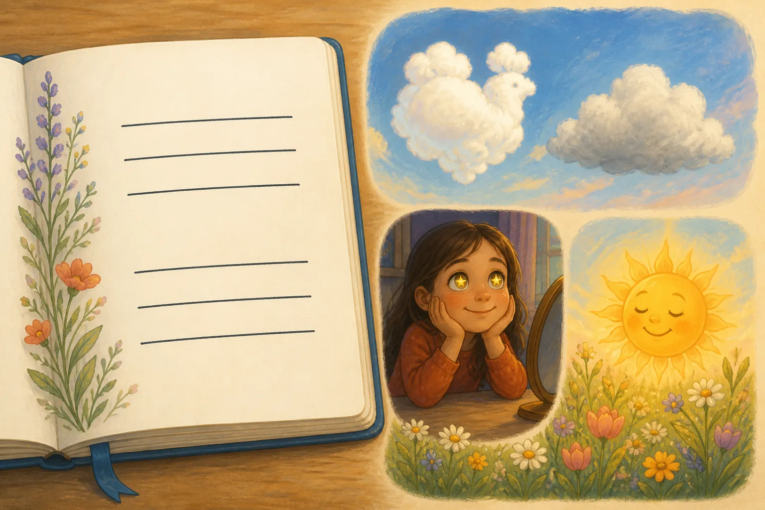 Un cuaderno muestra seis líneas vacías agrupadas en dos estrofas de tres; al lado aparecen una nube con forma de algodón, una niña con ojos de estrella y un sol sonriente sobre flores.