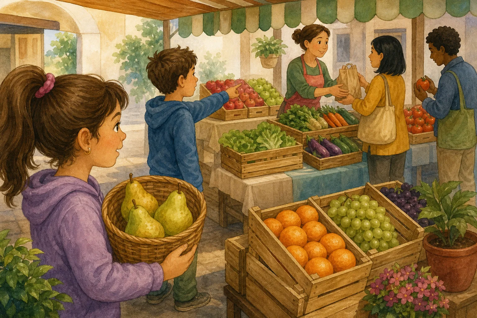En un mercado, una niña sostiene una cesta cercana con peras, un niño señala manzanas más lejanas, una vendedora entrega una bolsa y otros clientes comparan productos.
