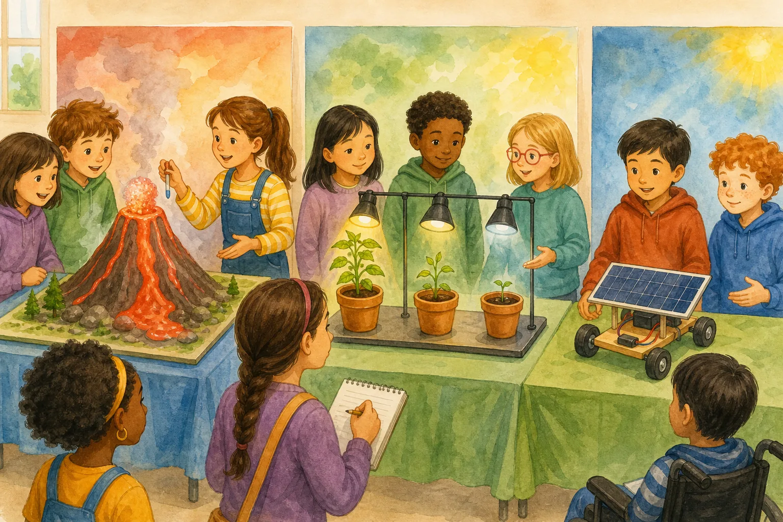 Feria escolar con tres proyectos separados: un volcán de maqueta, tres plantas bajo lámparas con distinto crecimiento y un coche con panel solar; una alumna toma notas.