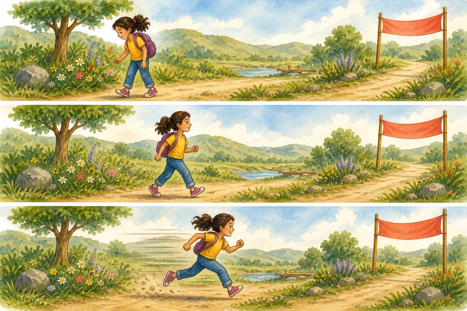 Tres viñetas con la misma niña en el mismo sendero: primero pasea despacio mirando flores, después camina con paso firme y al final corre hacia una meta.