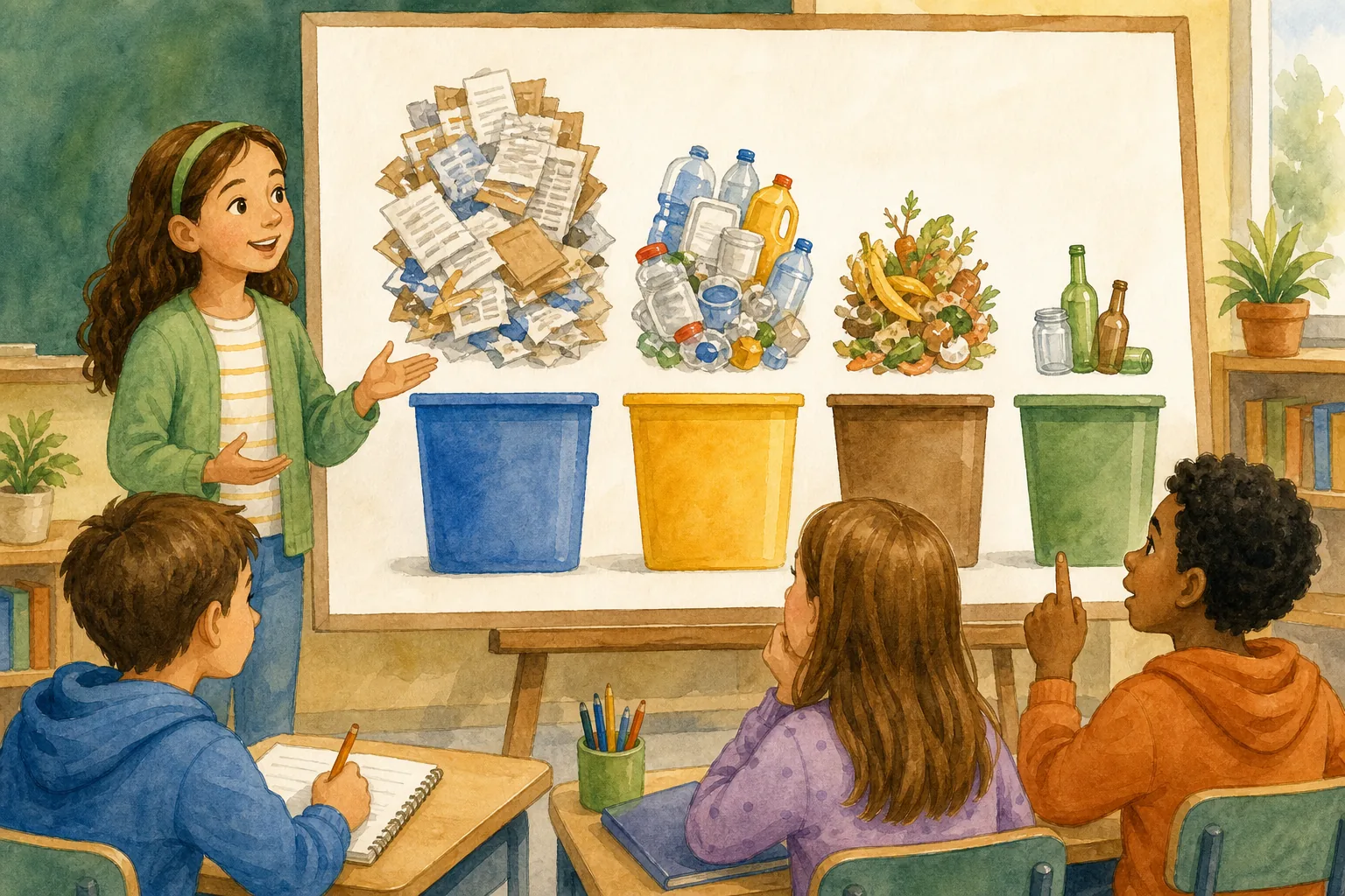 Una alumna presenta cuatro grupos de residuos ordenados visualmente de mayor a menor: papel, envases de plástico, restos orgánicos y vidrio; tres compañeros escuchan, toman notas y esperan para preguntar.