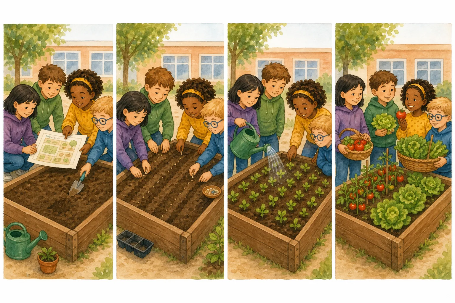 Cuatro viñetas con el mismo grupo y el mismo bancal escolar: preparan la tierra con un plano, siembran, riegan los brotes y recogen tomates y lechugas.