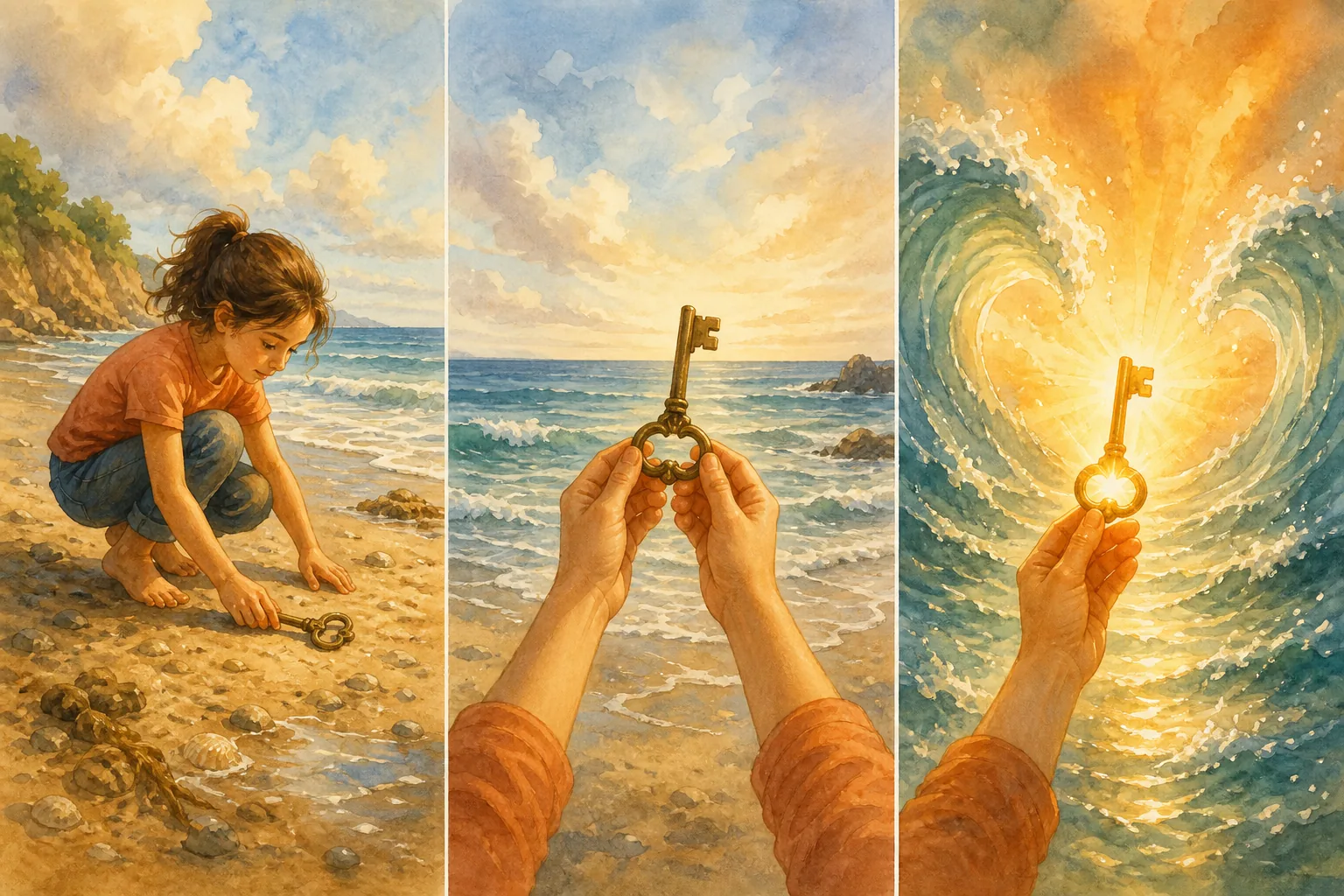 Tres viñetas de una misma escena: desde fuera, una niña encuentra una llave en la playa; desde sus ojos, sus manos levantan la llave; después la llave brilla como un pequeño sol y las olas parecen inclinarse.