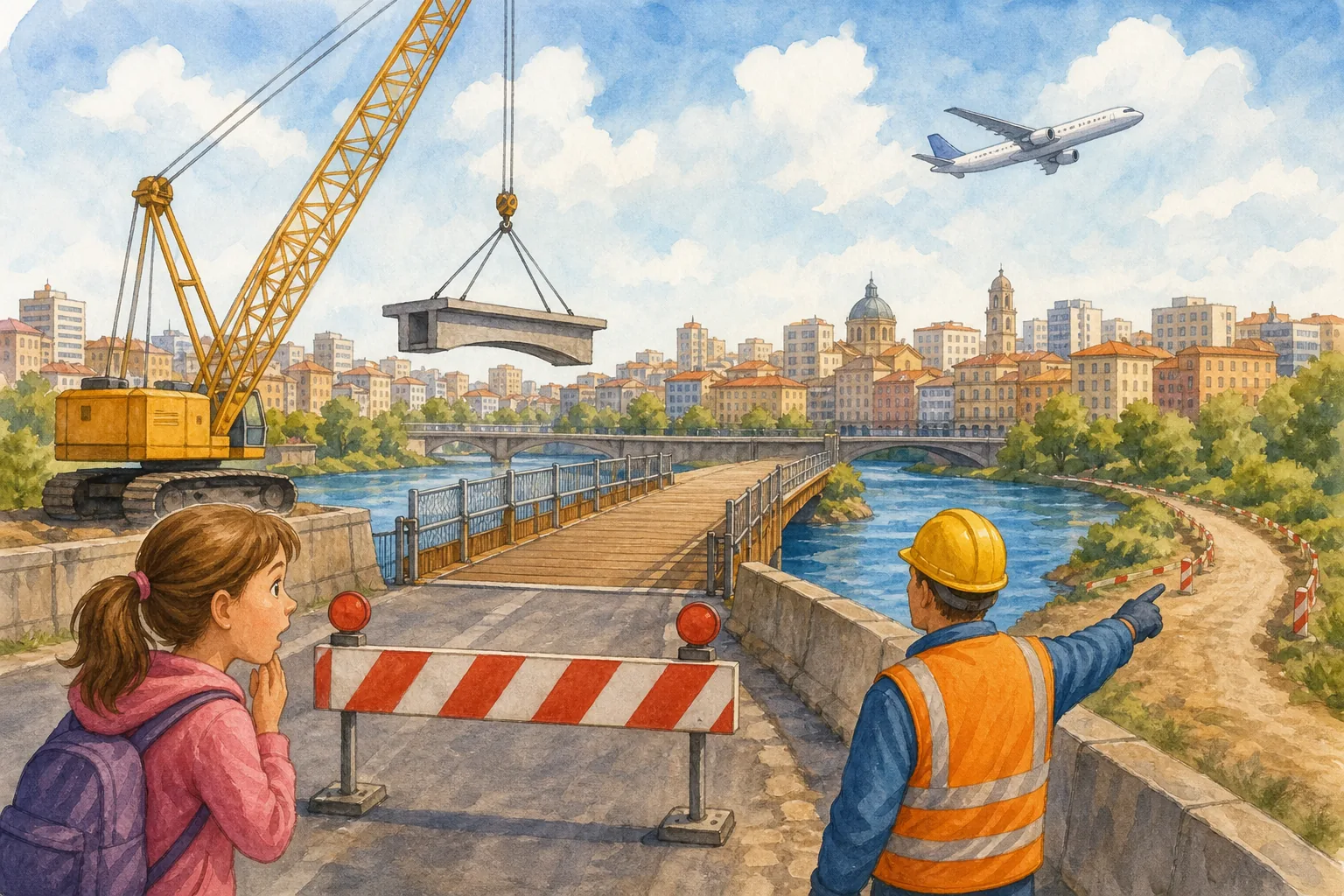 Un río atraviesa una ciudad; una grúa levanta una pieza junto a un puente cerrado, un avión vuela sobre los edificios y una niña observa el desvío que señala un trabajador.