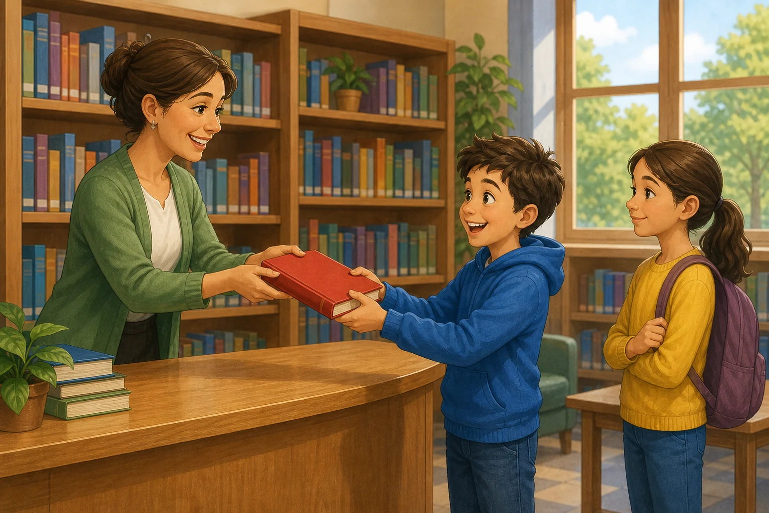 En una biblioteca, una bibliotecaria entrega un único libro rojo a Lucas, que lo recibe contento, mientras otra alumna espera.