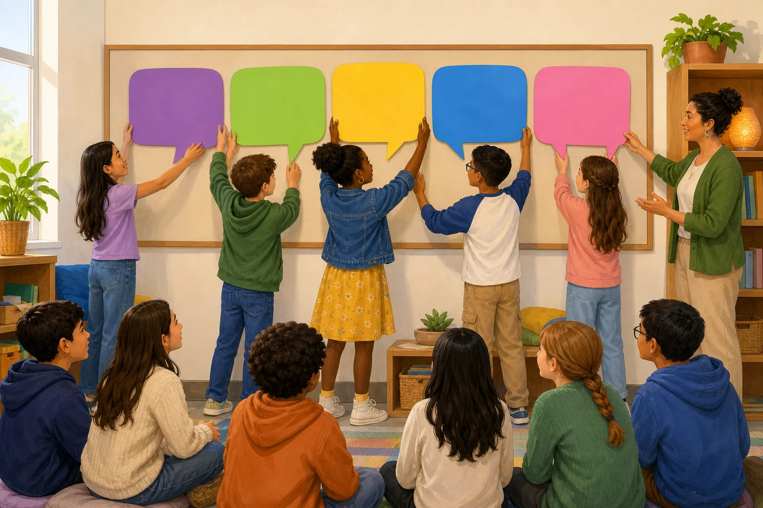 Cinco alumnos colocan cinco tarjetas de diálogo vacías, iguales y de distintos colores en un mural común mientras el resto de la clase escucha y la profesora facilita la actividad.