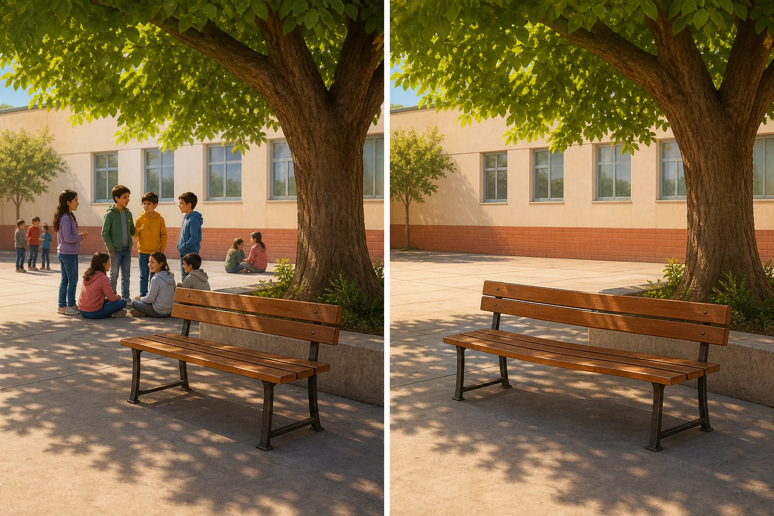 Dos vistas del mismo patio escolar: la general incluye grupos de alumnos alrededor de un árbol y un banco vacío; la cerrada muestra solo el banco y la zona sin personas.