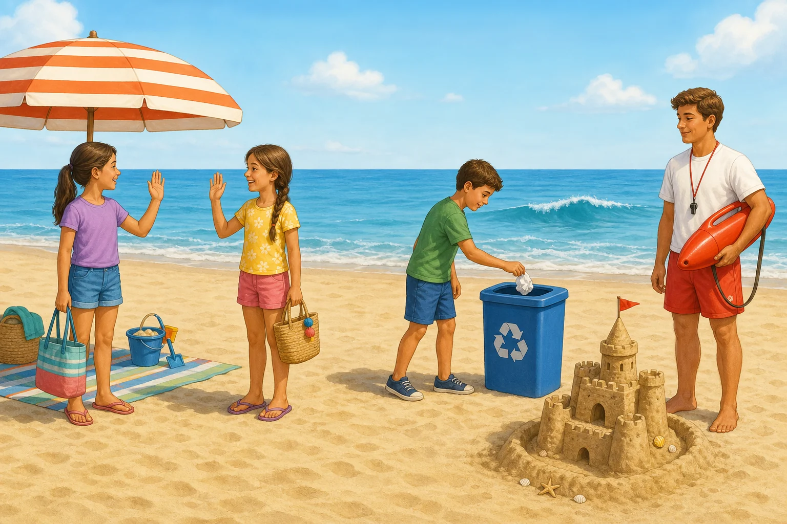 En una playa tranquila, dos niñas se saludan, una ola moderada aparece al fondo, un niño echa papel al contenedor y un socorrista sostiene un salvavidas junto a un castillo de arena terminado.