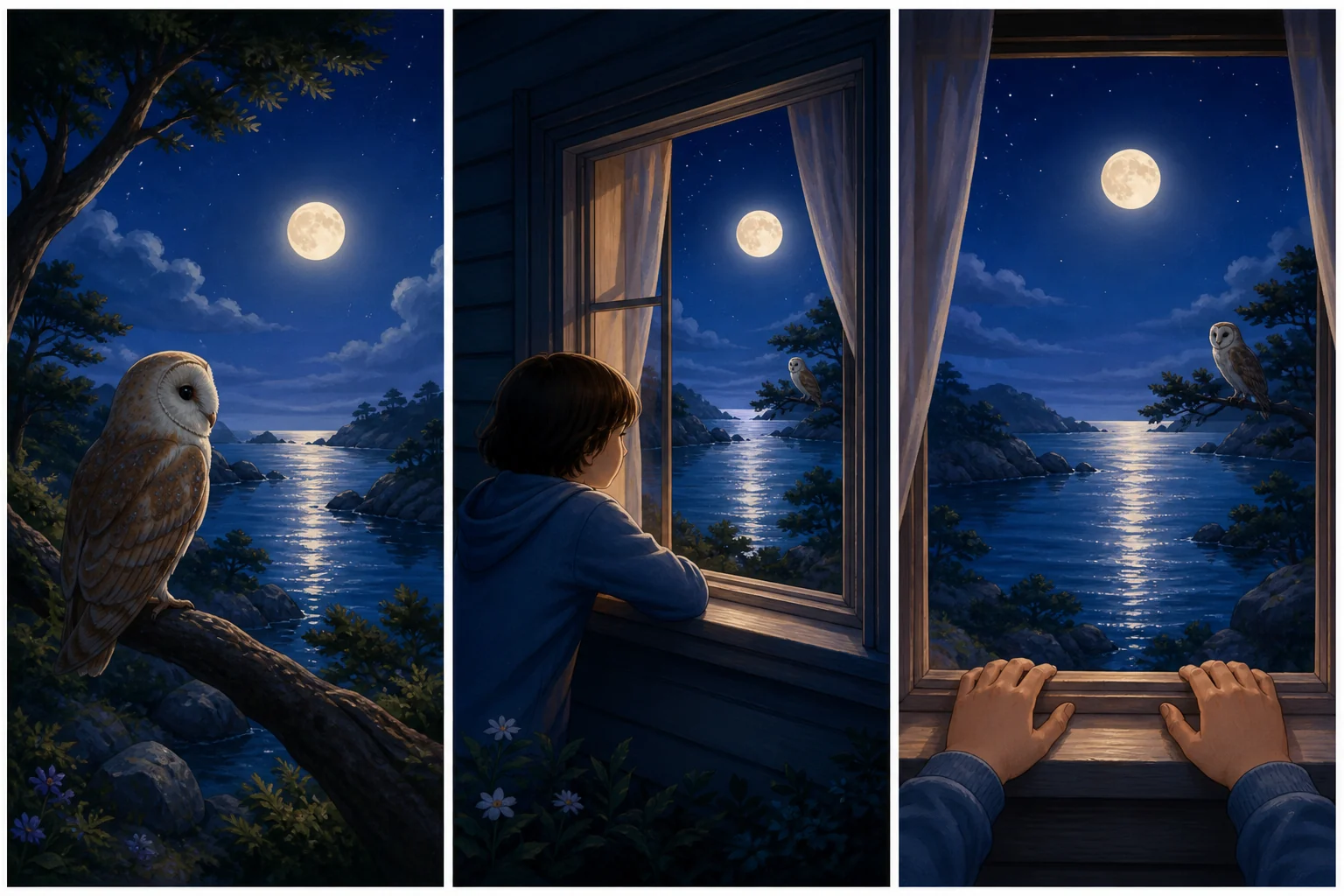 Tres viñetas nocturnas conservan luna, agua y búho: una vista del paisaje, un niño observado desde fuera en la ventana y la vista en primera persona con sus manos sobre el alféizar.