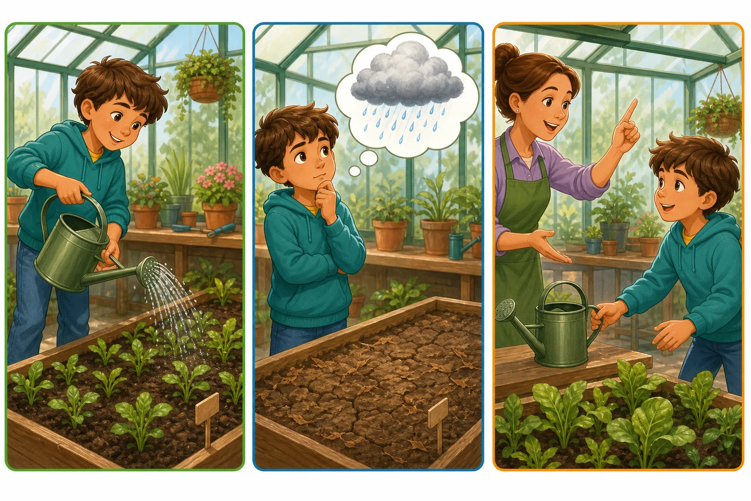 Tres viñetas del mismo invernadero: un alumno riega plantas, después imagina una nube con lluvia y finalmente escucha una instrucción de la profesora junto a la regadera.