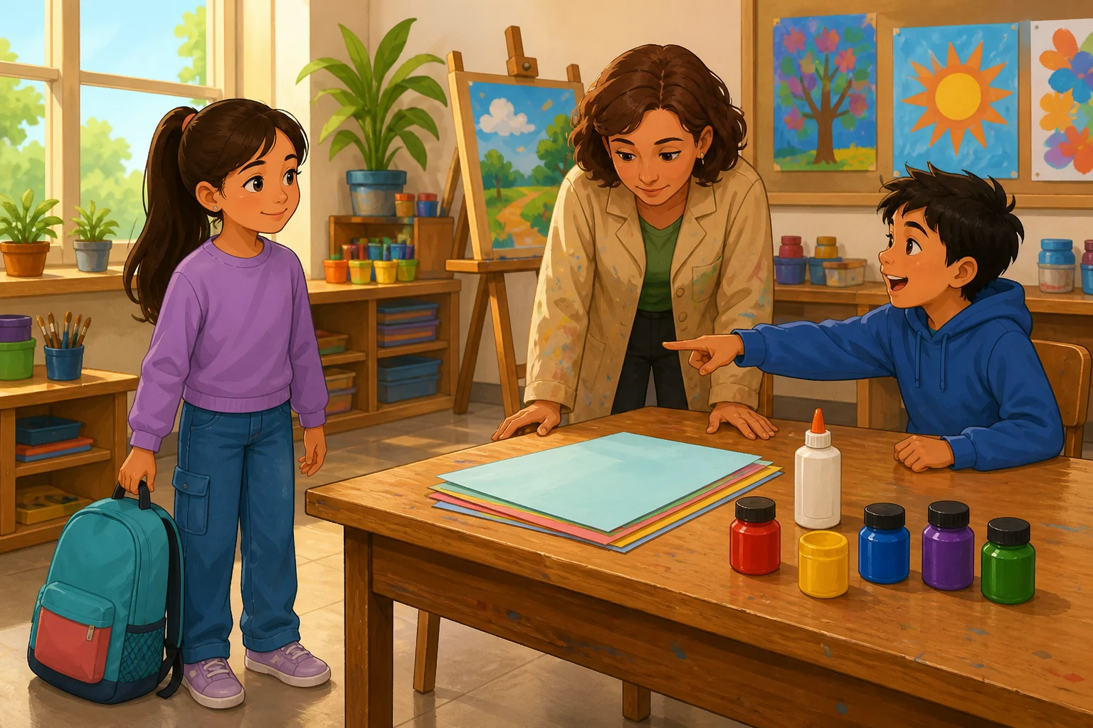 En un aula de arte, Lucía está junto a su mochila; la profesora observa una mesa con papel, pegamento y pinturas, y un compañero llama a Lucía señalando que faltan las tijeras.