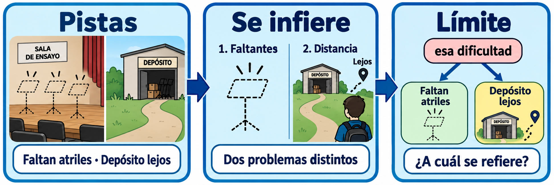 Tres paneles distinguen atriles faltantes y un depósito lejano; la expresión esa dificultad apunta a ambos problemas bajo la pregunta ¿A cuál se refiere?