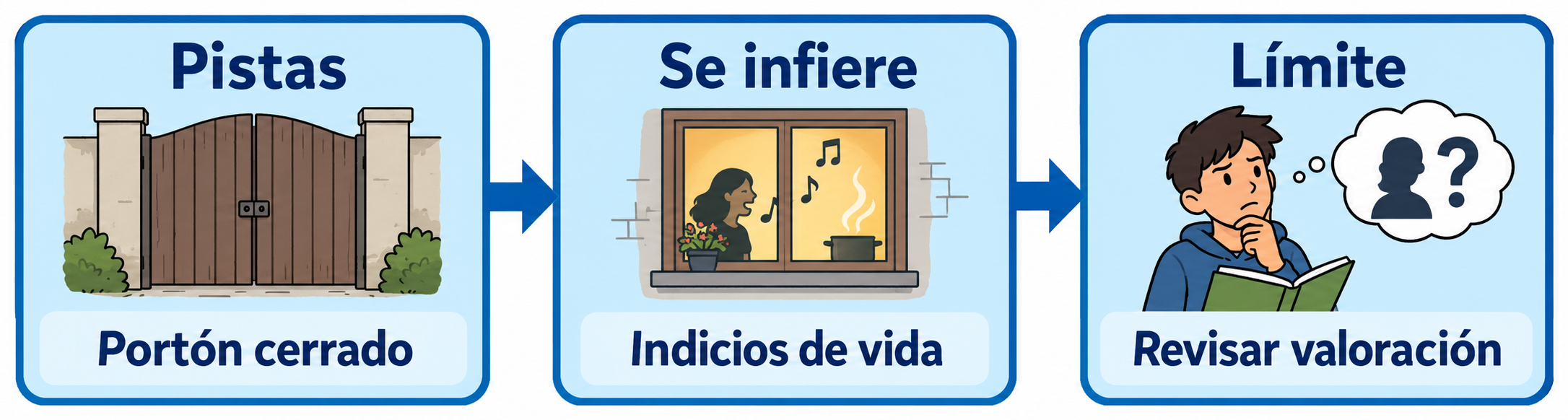 Tres paneles muestran un portón cerrado, una mujer cantando junto a una olla en una ventana y un lector que revisa su valoración.