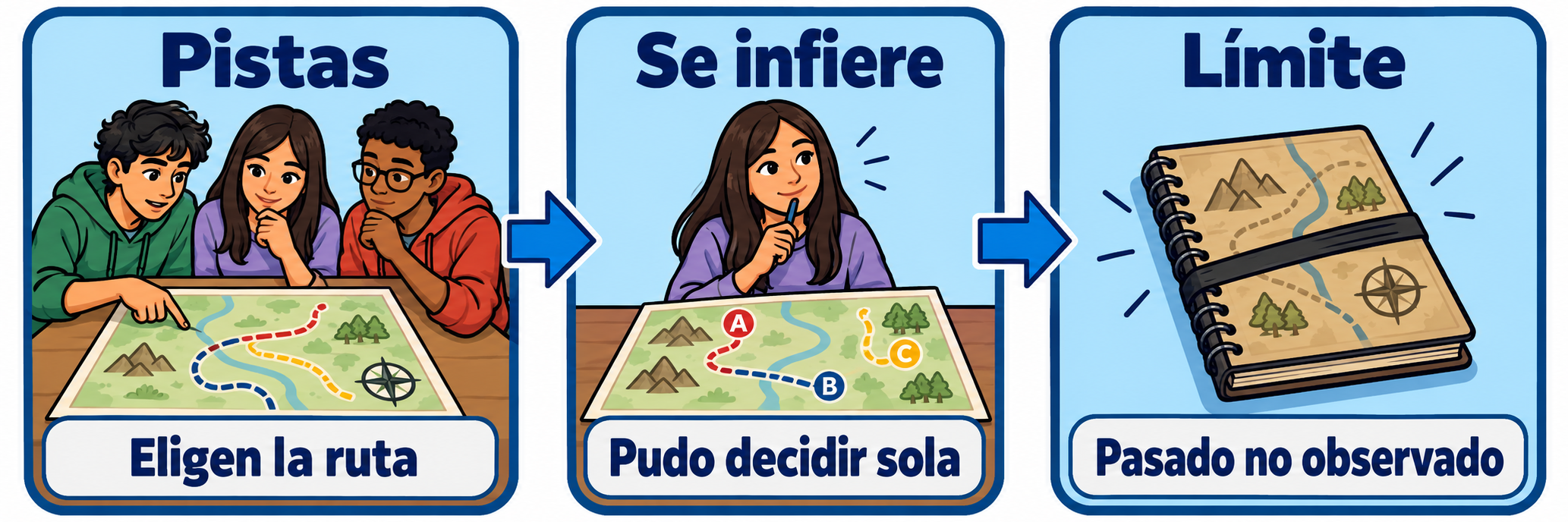 Un grupo elige una ruta en un mapa; después una chica aparece sola con tres rutas; el último panel muestra un cuaderno cerrado bajo Pasado no observado.