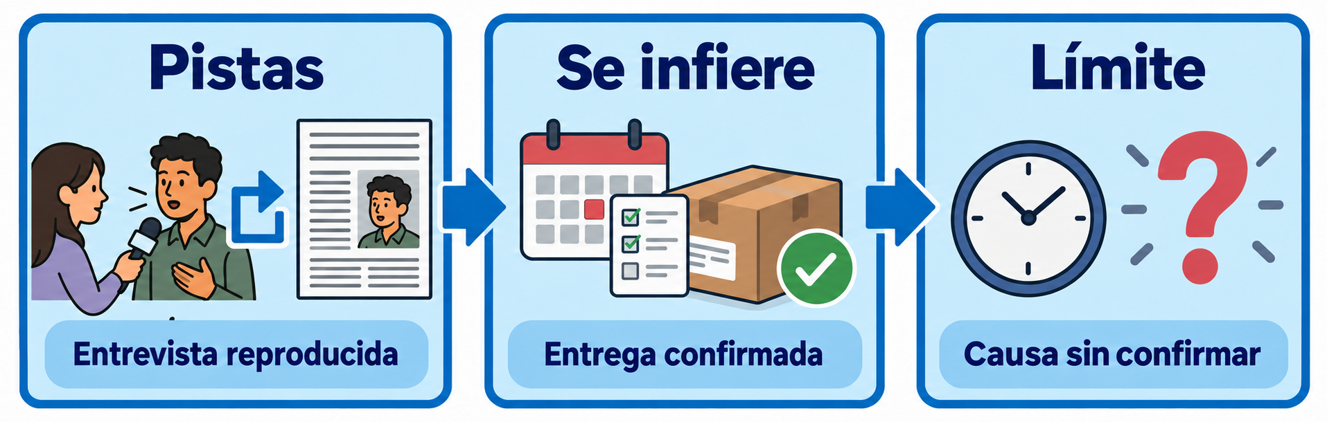 Tres paneles muestran una entrevista reproducida, una entrega confirmada y un reloj con una pregunta bajo Causa sin confirmar.