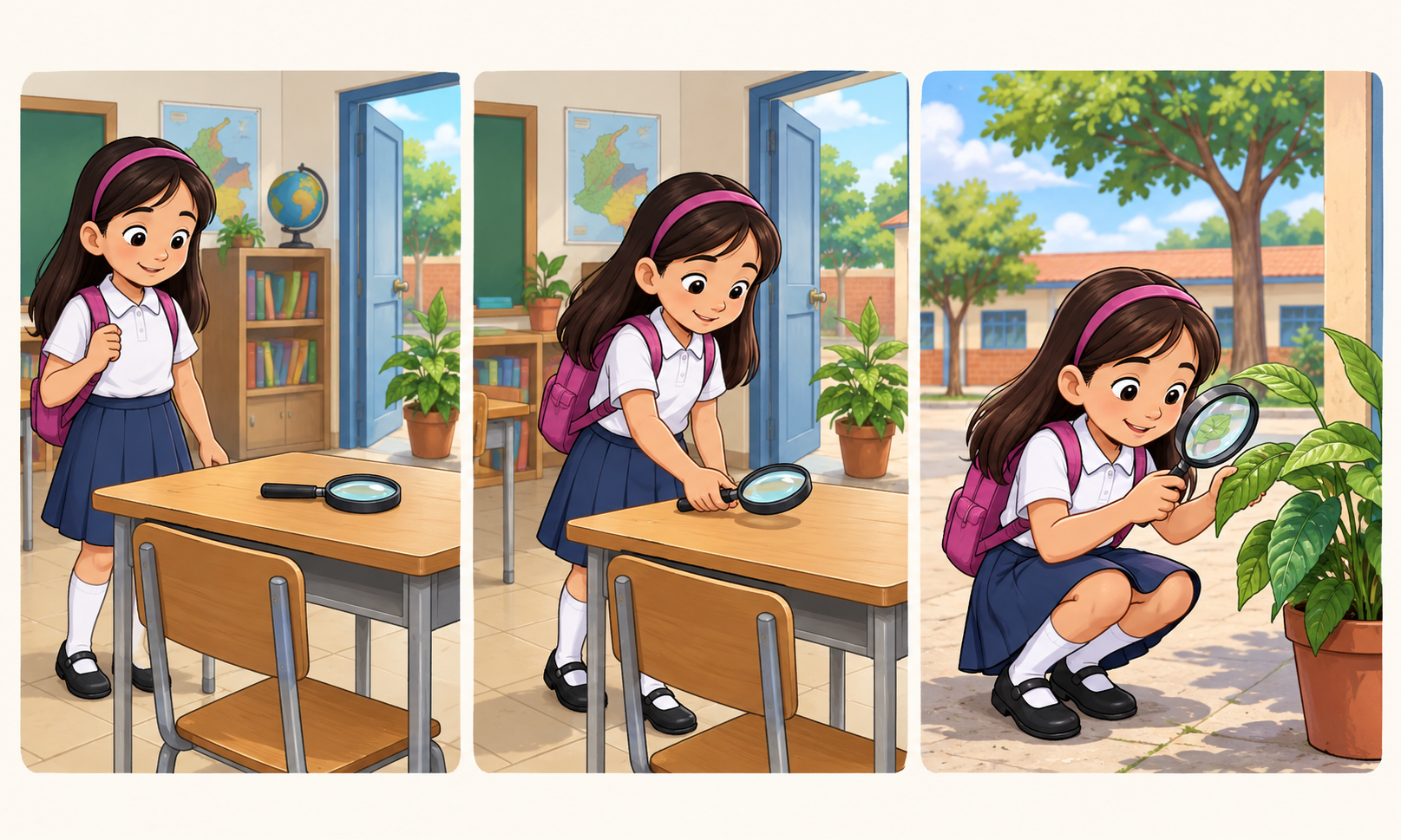 Tres viñetas: una niña mira una lupa sobre una mesa del salón, la recoge y después observa con ella una hoja de una planta del patio.