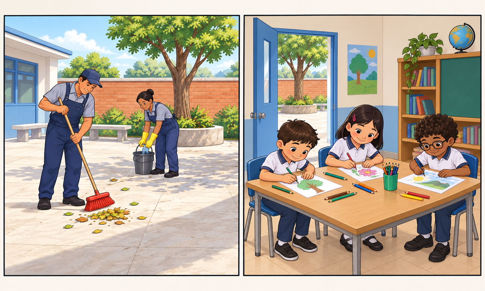 Dos escenas: dos adultos limpian un patio; en un salón, tres niños dibujan con lápices de colores.