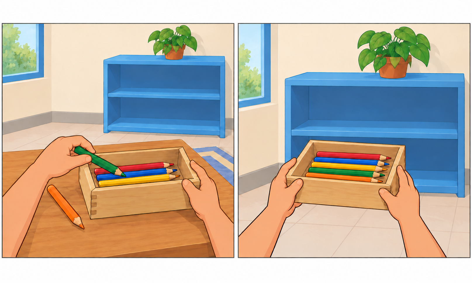 Dos viñetas: unas manos colocan lápices de colores en una caja de madera y después acercan la caja a una repisa azul.