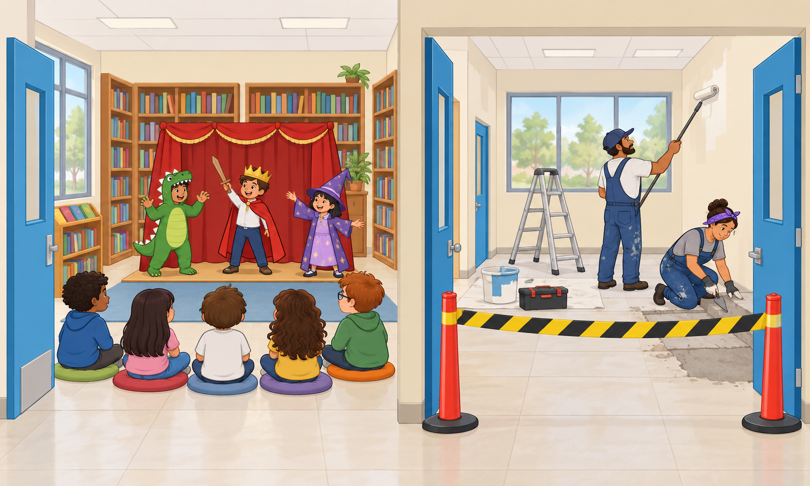 Dos espacios contiguos: niños representan una obra de teatro en una biblioteca; en el otro salón, dos adultos hacen reparaciones detrás de una cinta de seguridad.
