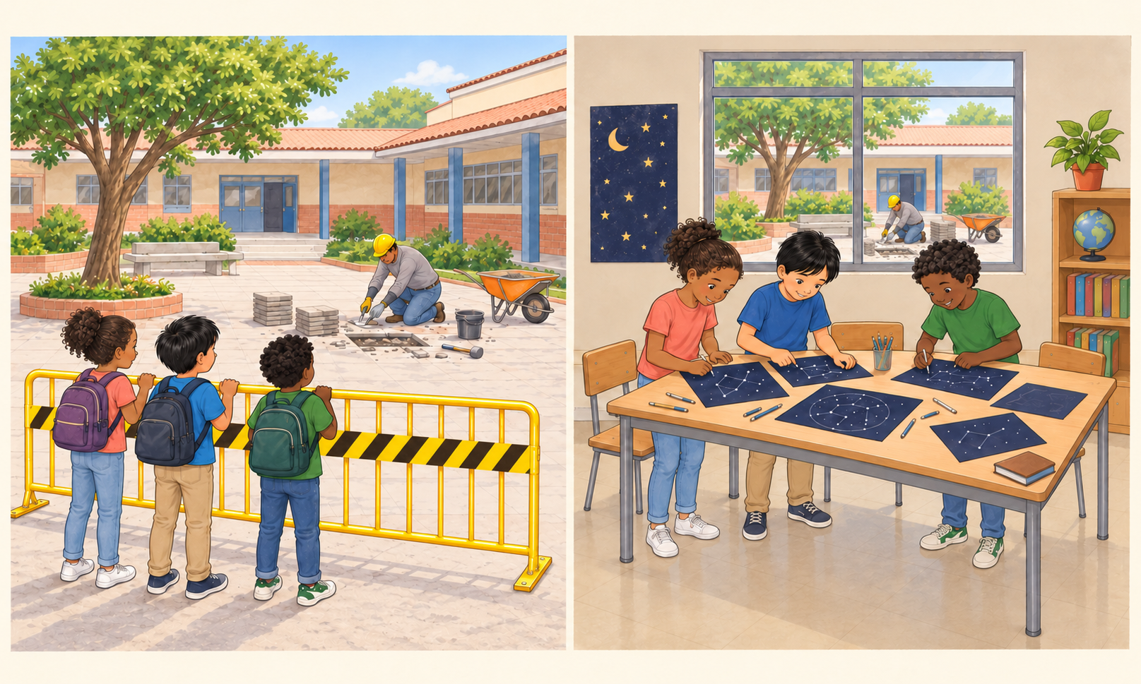 Dos escenas: tres niños miran un patio en reparación detrás de una barrera; después examinan dibujos de constelaciones en una mesa del salón.