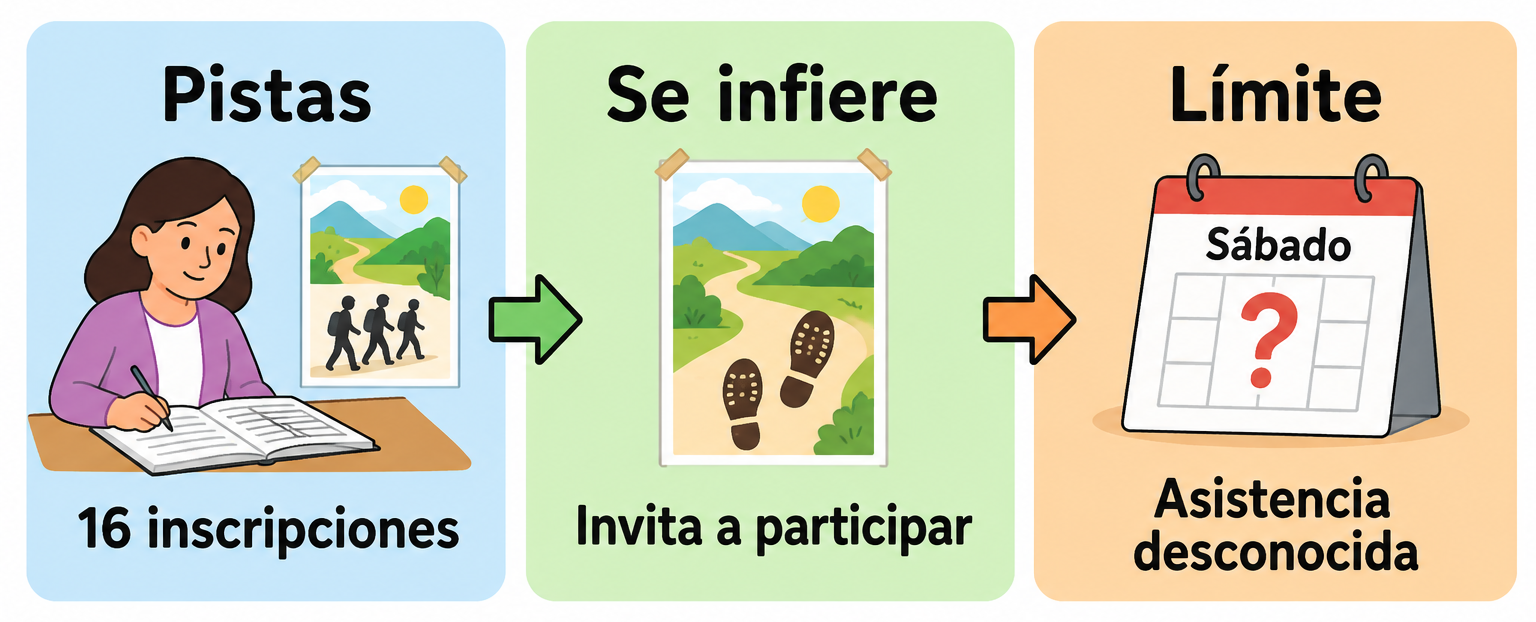 Tres paneles muestran un registro de 16 inscripciones, un cartel de caminata que invita a participar y un calendario de sábado con asistencia desconocida.