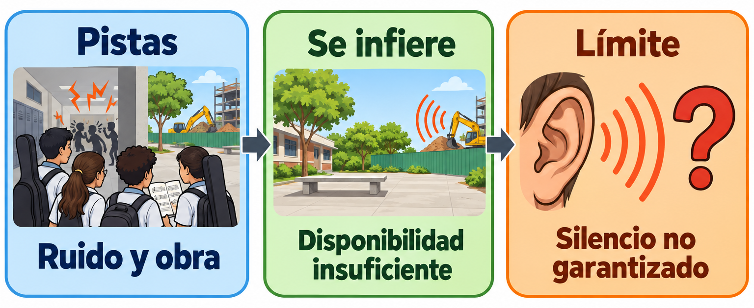 Estudiantes con instrumentos observan ruido y obras; otro panel muestra un patio próximo a una excavadora; el último presenta una oreja con Silencio no garantizado.