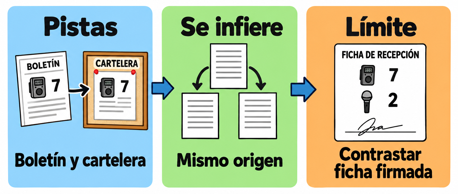 Boletín y cartelera repiten siete grabadoras; un diagrama señala el mismo origen y una ficha firmada de recepción registra siete grabadoras y dos micrófonos.
