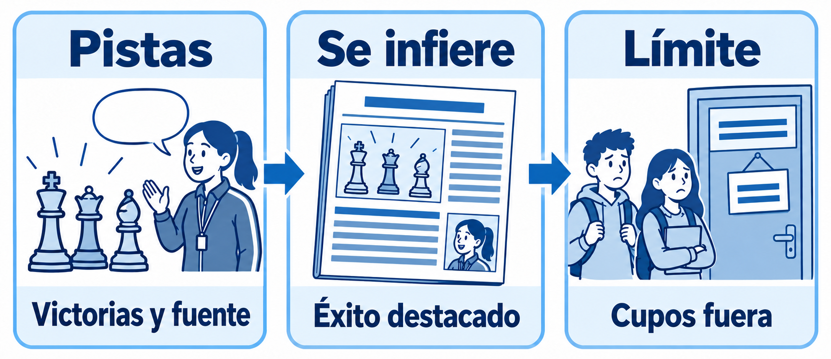 Una mujer junto a piezas de ajedrez, una noticia que destaca el éxito y dos jóvenes ante una puerta aparecen bajo Victorias y fuente, Éxito destacado y Cupos fuera.