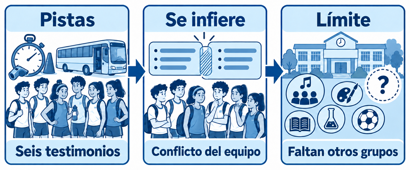Seis deportistas aparecen junto a un autobús y símbolos de entrenamiento; el segundo panel presenta un conflicto del equipo y el tercero indica que faltan otros grupos.
