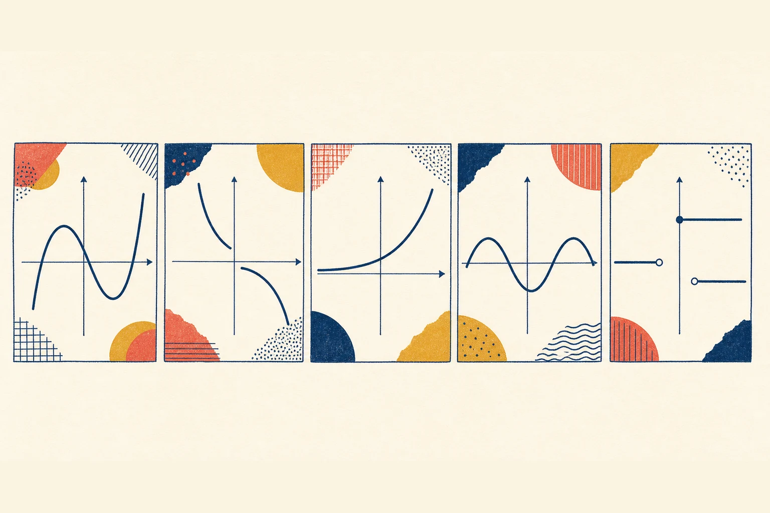 Atlas visual con cinco paneles: curva polinómica, hipérbola de dos ramas, crecimiento exponencial, onda periódica y gráfica definida a trozos.