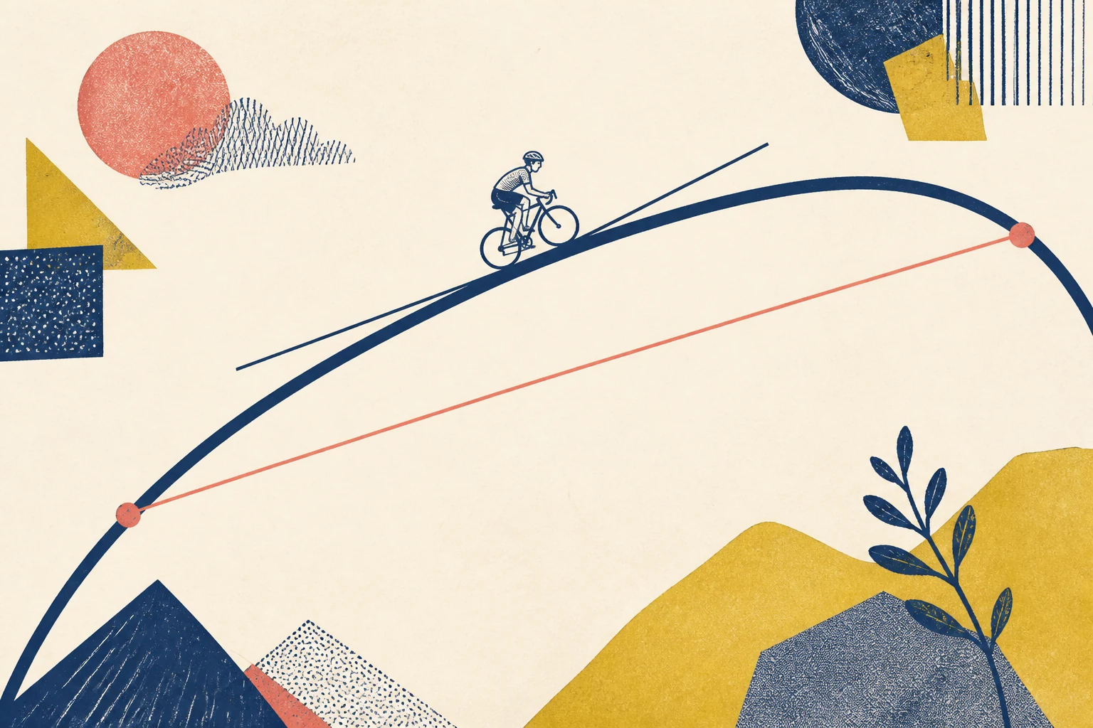 Una trayectoria curva con dos puntos unidos por una secante y una recta tangente en un punto intermedio, presentada como recorrido de un ciclista.